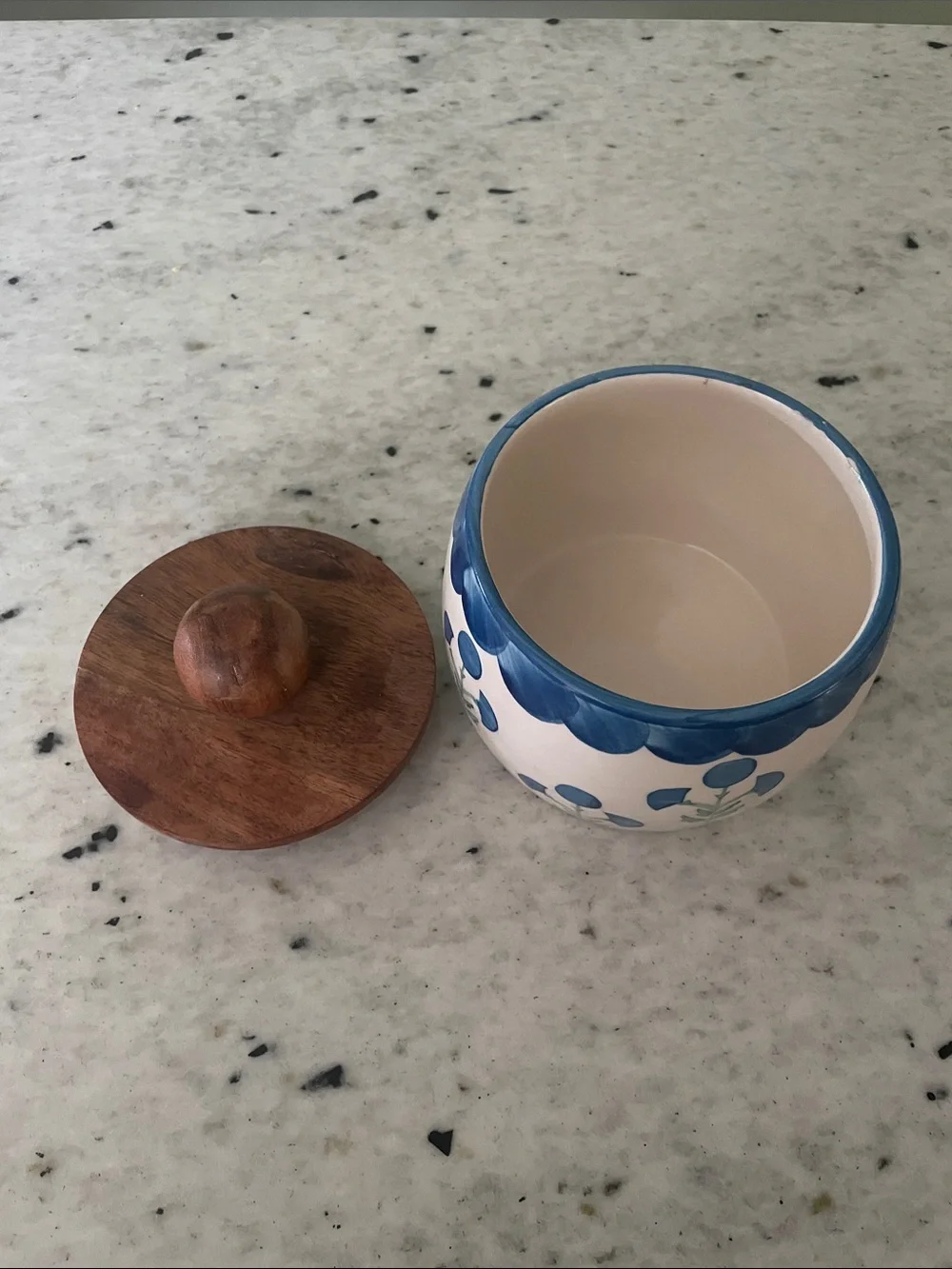 Hand-Painted Ceramic Jar with Wood Lid - Blue Floral